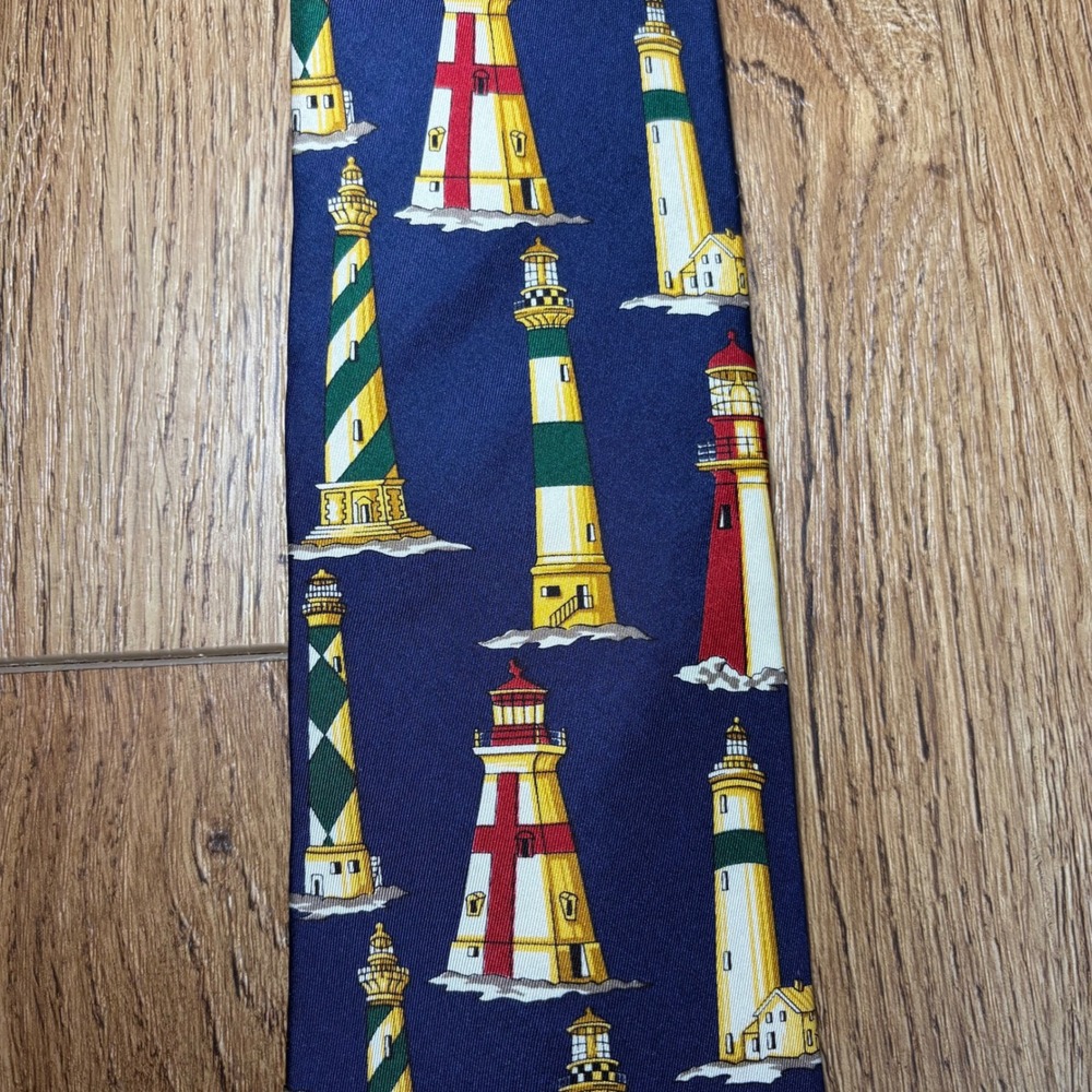 VTG Lands End Mens 100%‎ Silk Necktie Blue Lighthouse AOP Nautical Handsewn USA